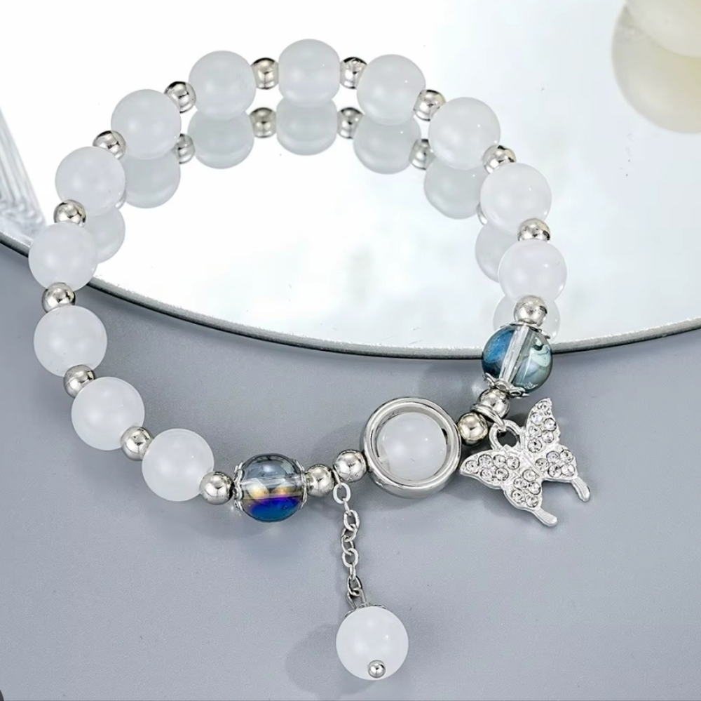 Moonstone & Cats Eye Glass Beads Butterfly Stretch‎ Charm Bracelet for Women